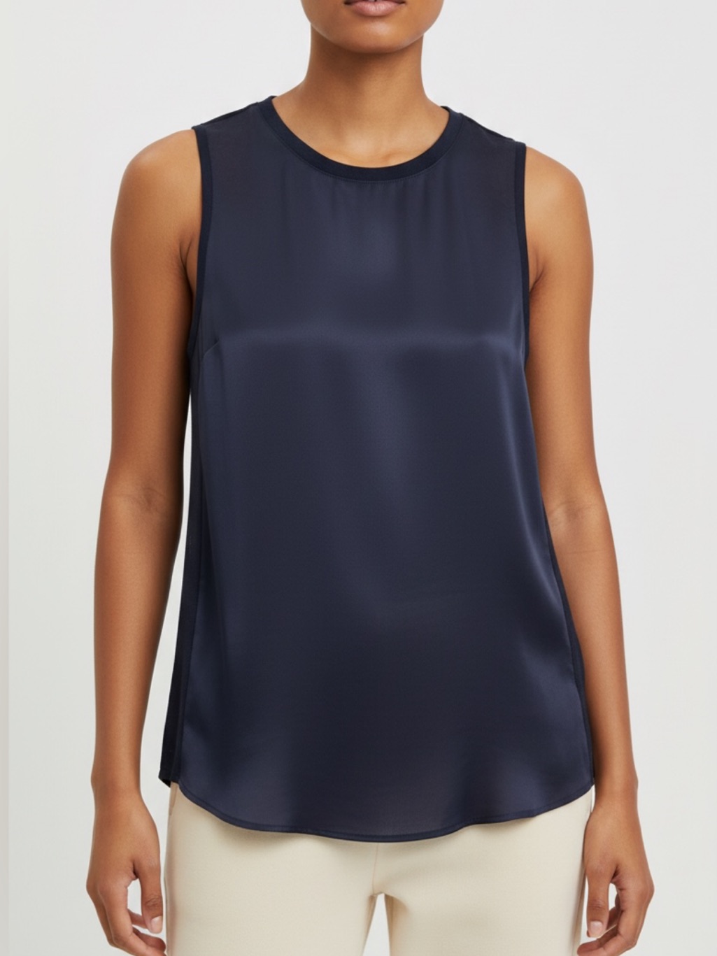 Vince Navy Silk Front Crew Neck Sleeveless Tank Top Blouse Size S